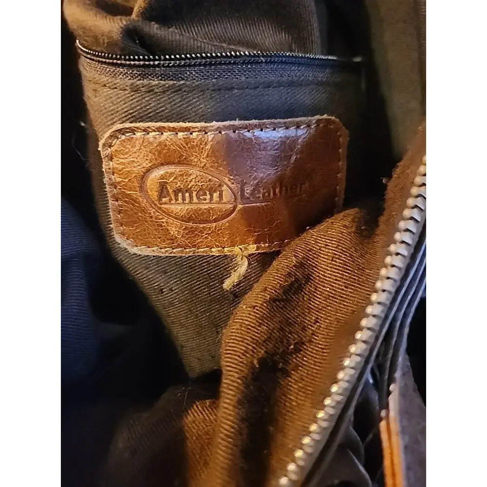AMERI-LEATHER Large Brown Leather Tote Crossbody Shoulder Bag 15 x 16 - Picture 6 of 7